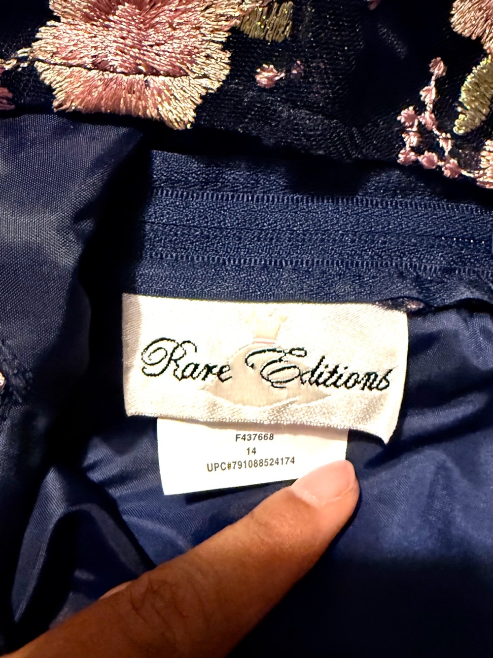 Rare Editions Navy Dress with Pink and Gold Floral Embroidery